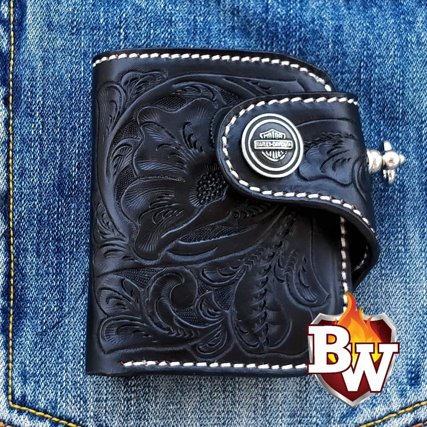Derringer 4-inch Custom Handmade Black Hand Carved Leather Biker Wallet ...