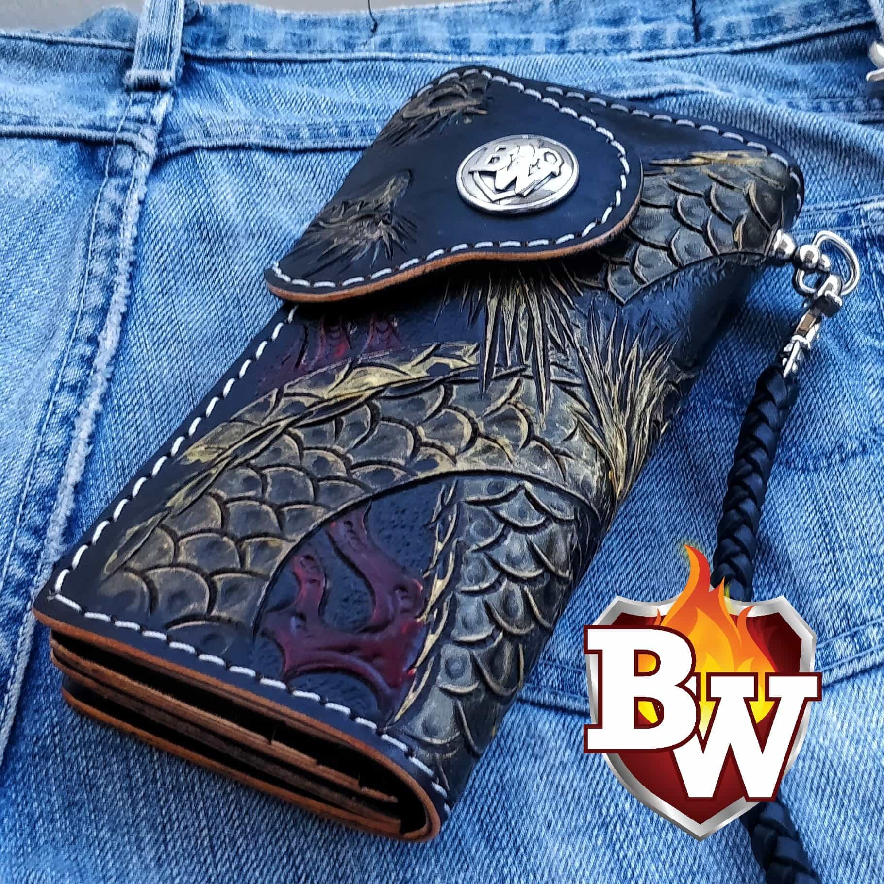 Dragon 8-inch Custom Handmade Hand Tooled Leather Men&#39;s Biker Wallet | The Original Biker ...