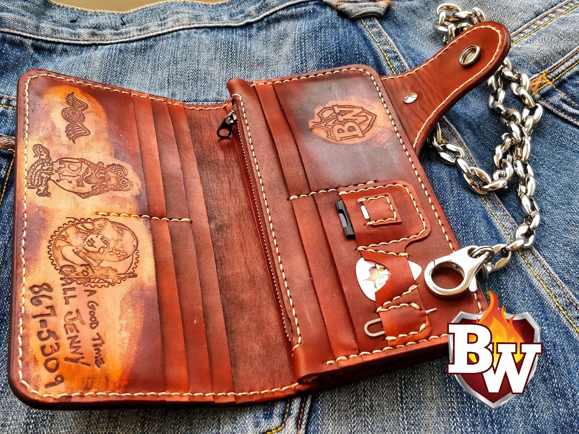 Embosser 8 inch Handmade  Custom  Leather  Biker Wallet  The 