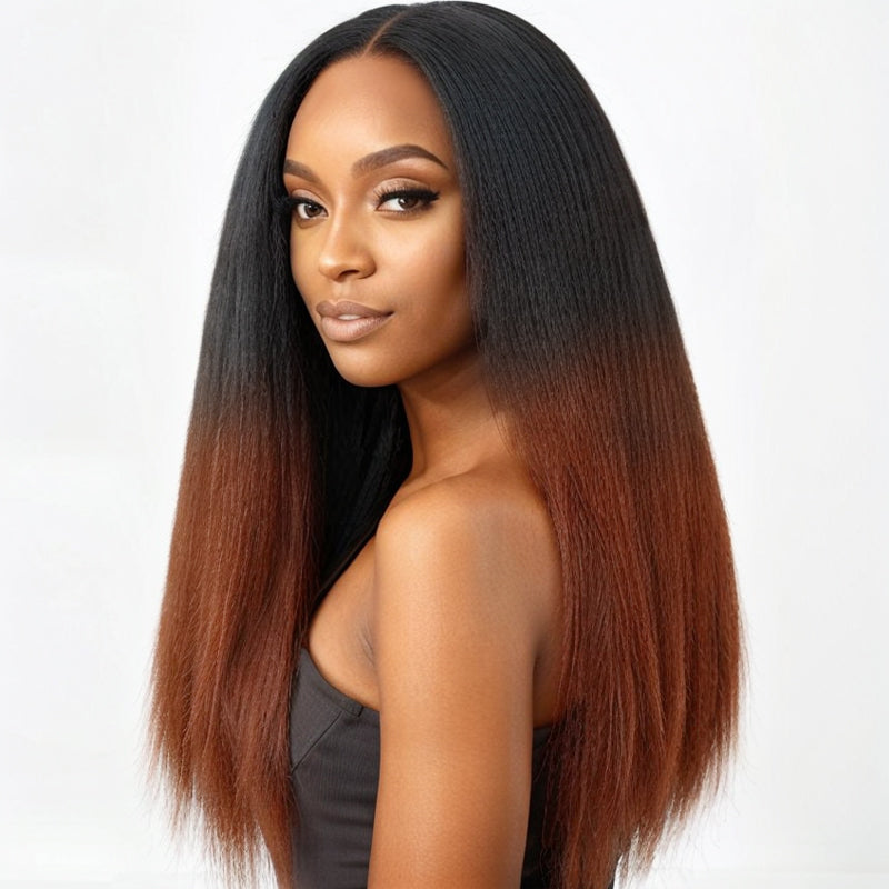 Black to Ombre Brown Kinky Straight | Glueless 5x5 Closure Undetectable Lace Wig 100% Human Hair