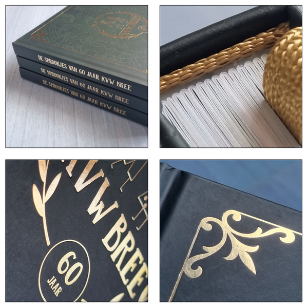 Hardcover boek met goudfolie als effect op de cover, kapitaalbandje en leeslint in goud.