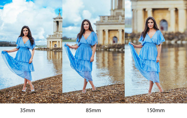 Pictures of a women using the Samyang lens AF 35-150 F2-2.8 FE. The results are being compared at different focal lengths of 35mm, 85mm, and 150mm.