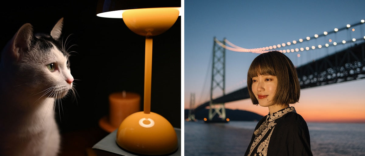 Night shots taken with the NIKKOR Z DX 24mm f/1.7 Lens. Left image shows a cat sits to the left of an orange lamp. Second image shows a women standing with a bridge and lights turned on in the background