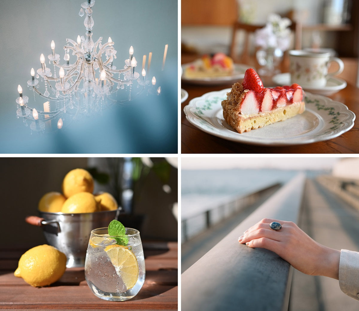 Four shots taken with the NIKKOR Z DX 24mm f/1.7 Lens. They show glass lighting, a cake, the lemons and a glass with wate, and women's hand with a ring on the middle finger.