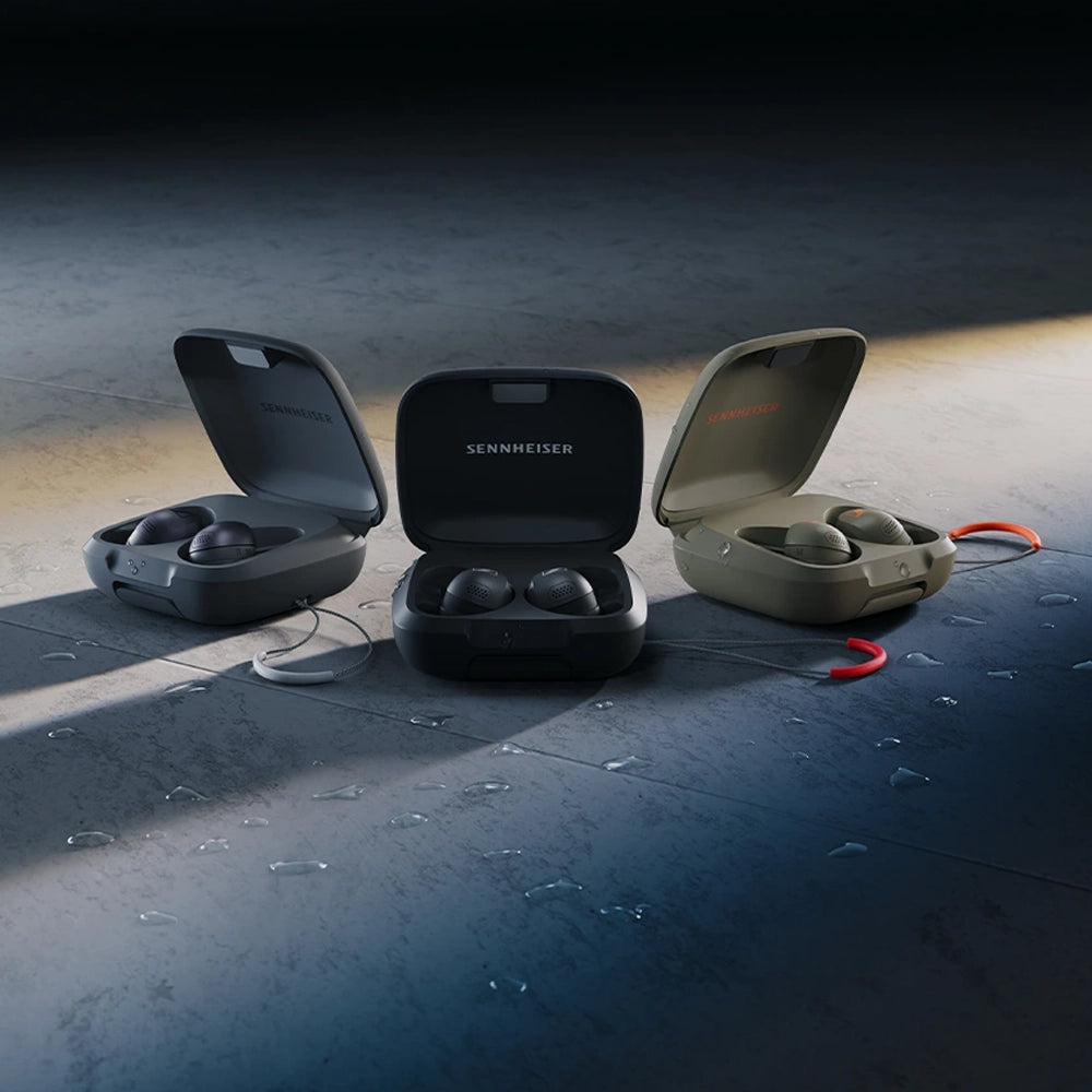 sennheiser momentun sport headphones in black, grey and olive colour variant