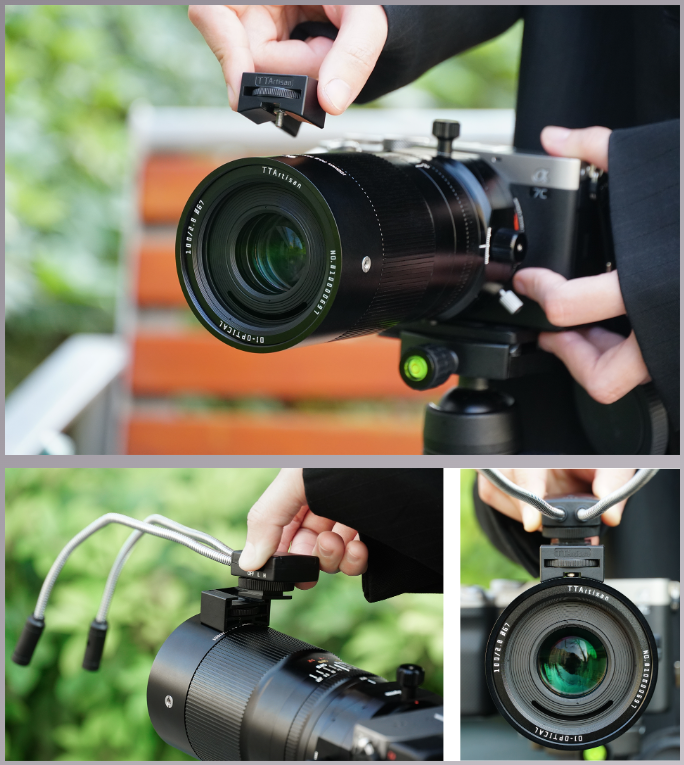 Cold shoe mount bracket attached on TTArtisan 100mm F2.8 Macro Tilt-shift