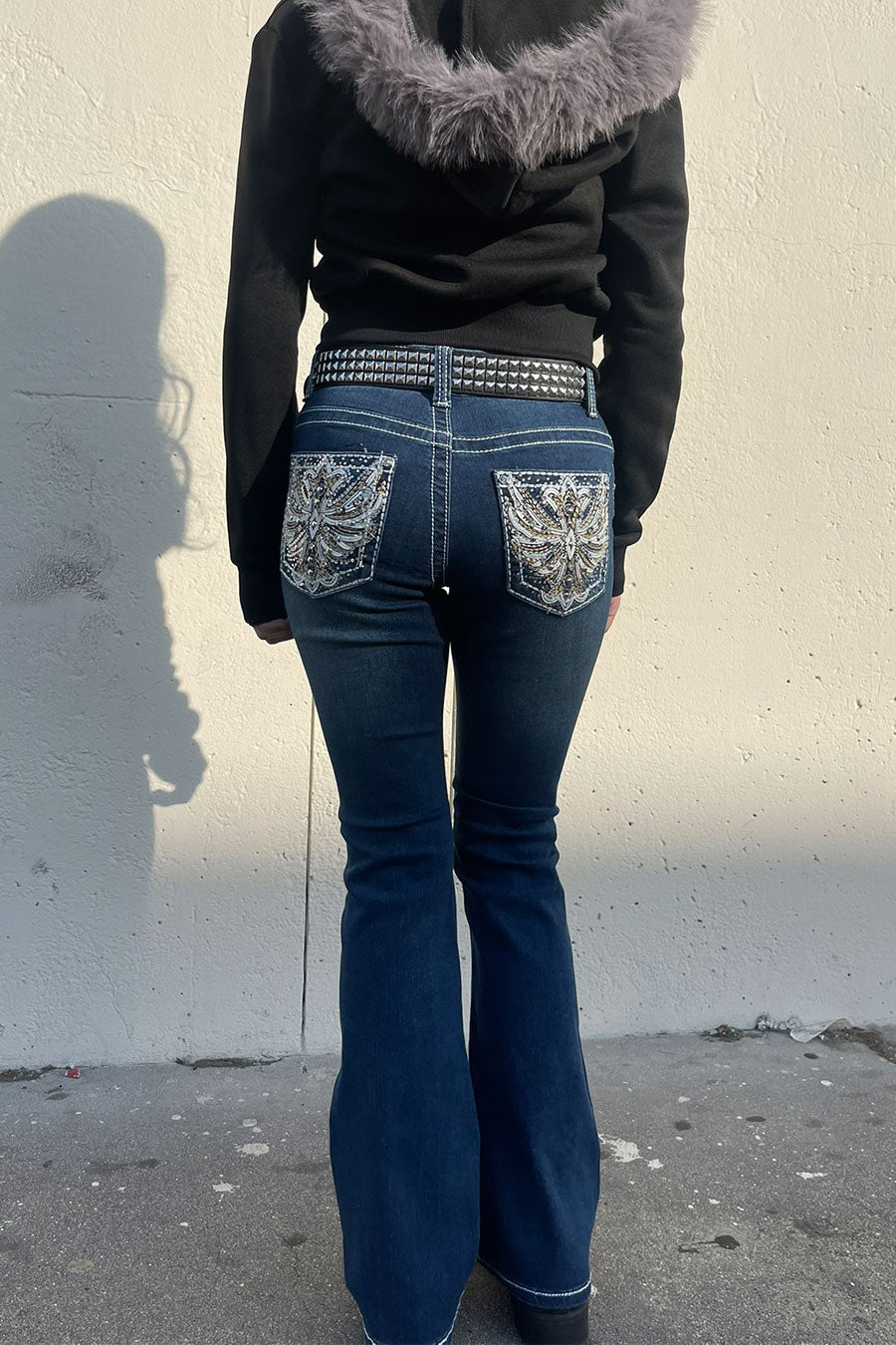 2000s Style Angel Wings Cross Shape Rhinestone Bling Back Pocket Bootcut Jean with Good Stretch