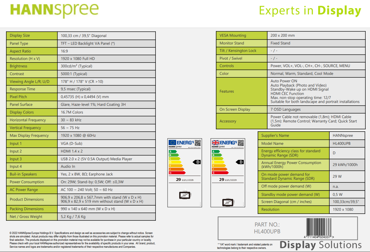 Hannspree HL400UPB 39.5" Full HD Commercial Display