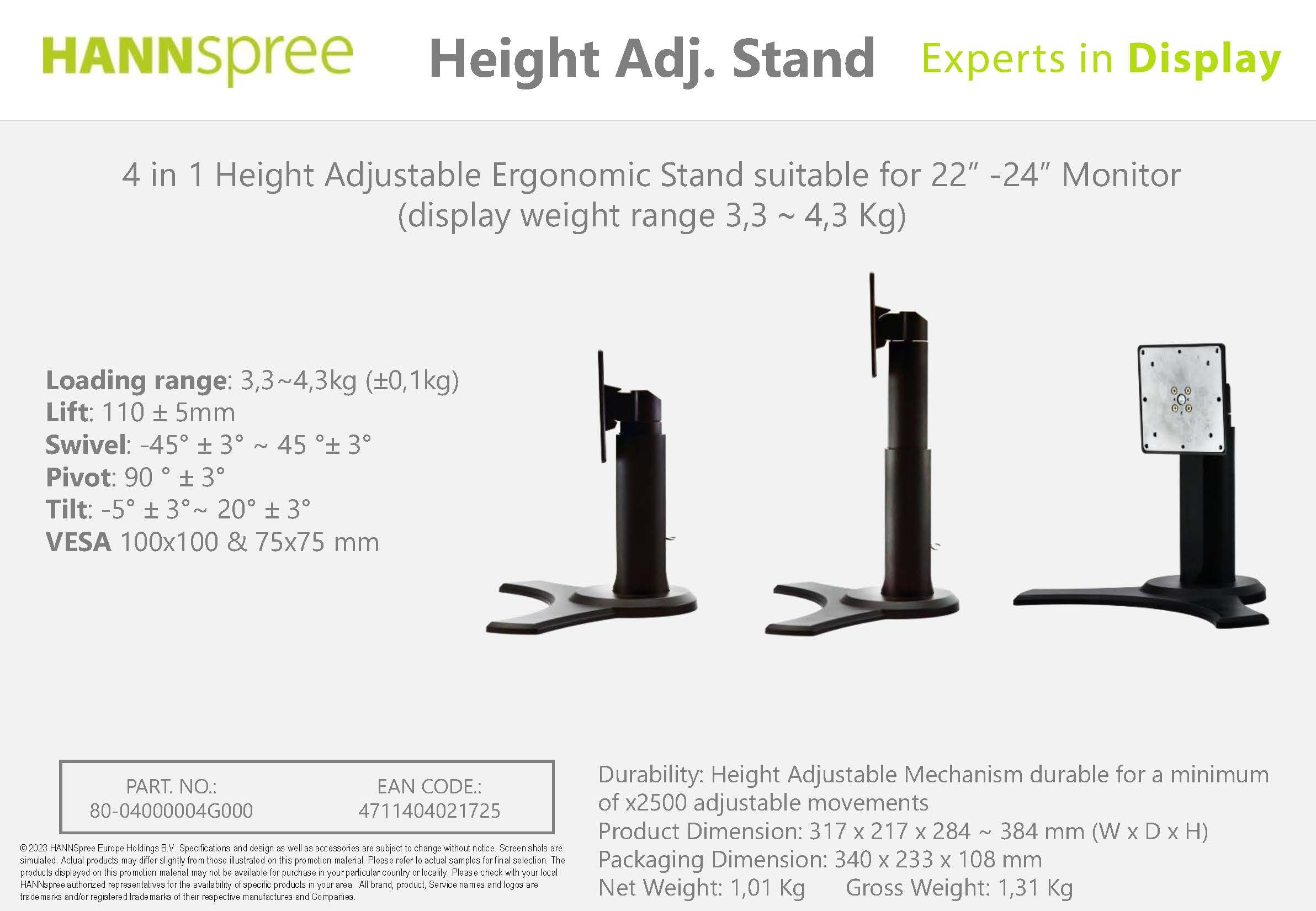 80-04000004G000 Height Adj Stand 22''-24'' - HANNSPREE