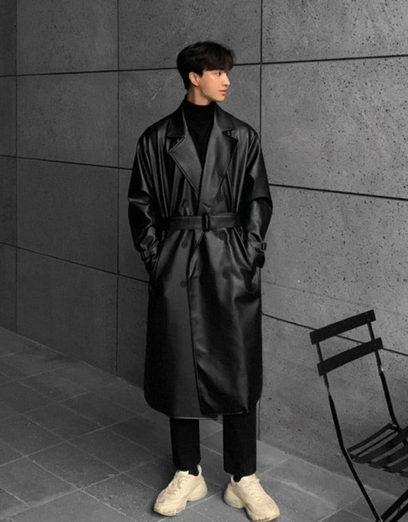 Faux Leather Double Breasted Trench Coat | Streets of Seoul | Men's Korean  Style Fashion – thestreetsofseoul
