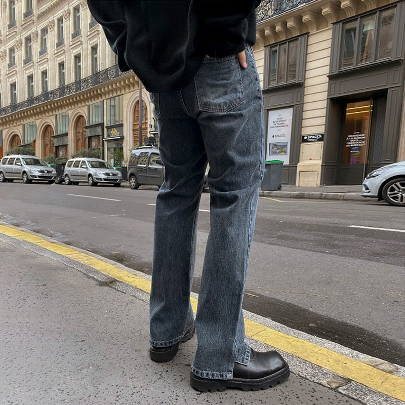 Distressed Raw Hem Wide Leg Jeans, Streets of Seoul