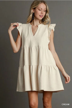 Cream lightweight split neck tiered dress