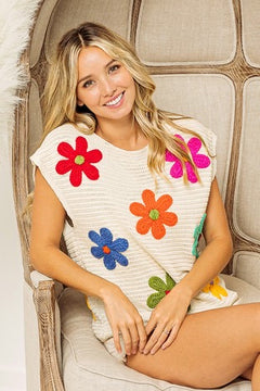 Crochet flower embroidery knit top