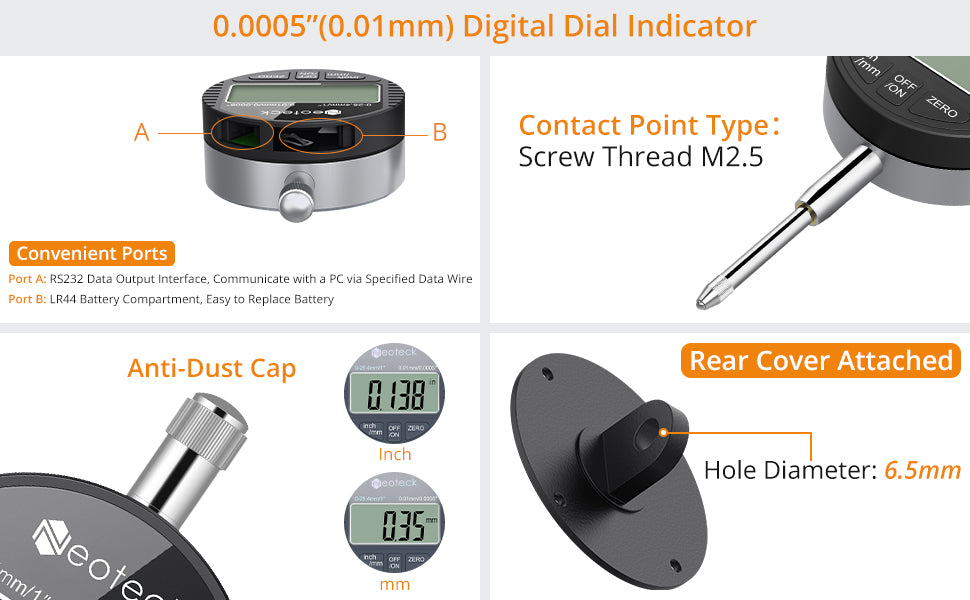 Neoteck 0-1inch/ 25.4mm Digital Dial Indicator Gauge and Magnetic Base Set