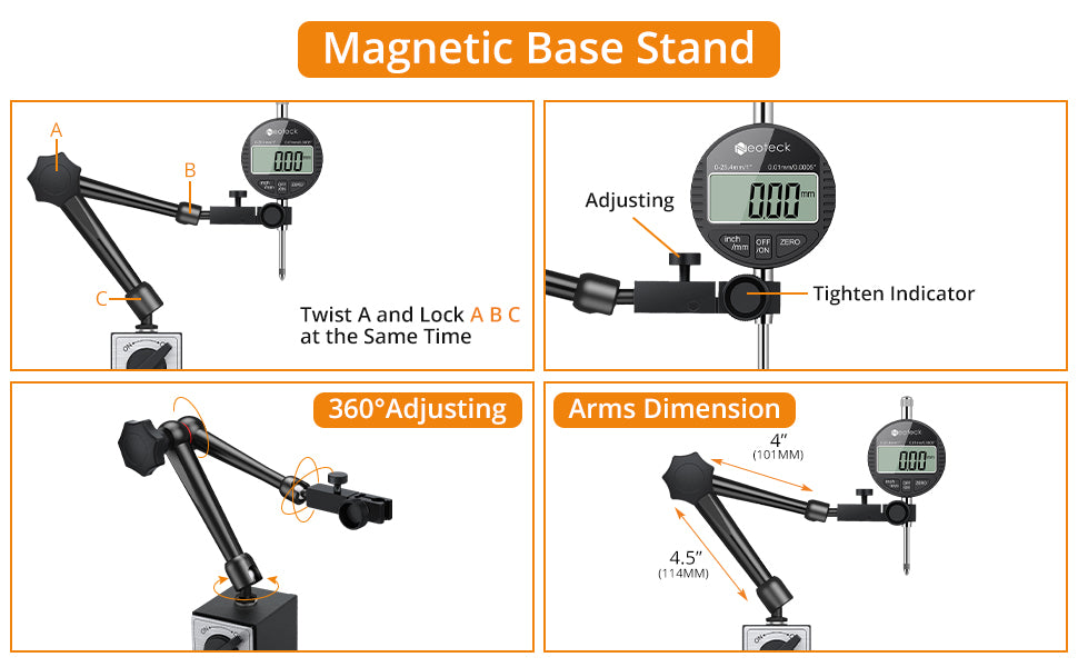 Neoteck 0-1inch/ 25.4mm Digital Dial Indicator Gauge and Magnetic Base Set