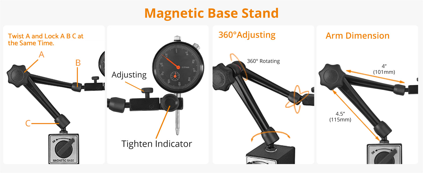 Neoteck 0-20 mm Dial Indicator Gage Gauge and Magnetic Base 176lbs（80kg） Max Pull-Black