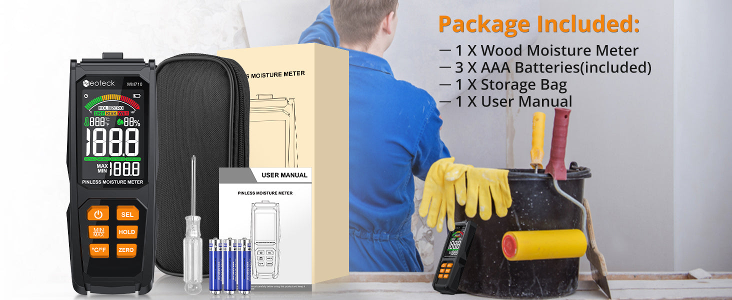 Neoteck Wood Moisture Meter Pinless Moisture Meter ±4％ Accuracy & 20mm