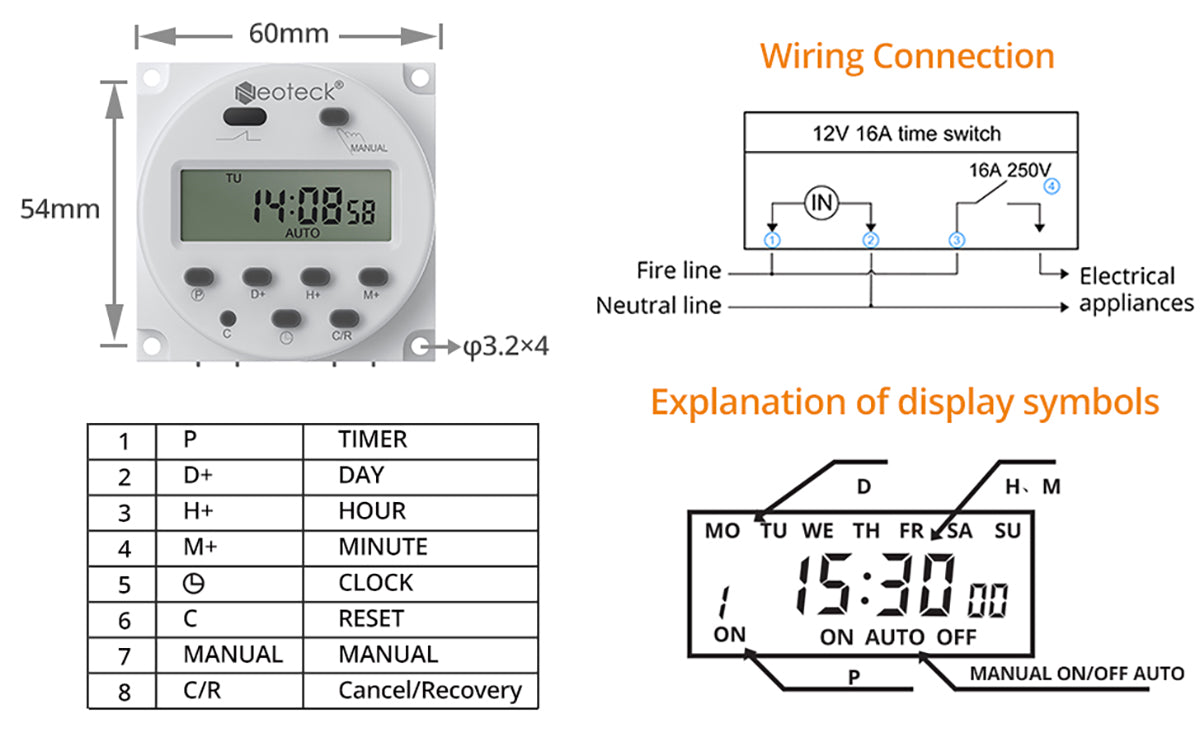 Neoteck DC 12V Timer Switch 16A Digital Electronic LCD Time Relay Switch Programmable Timer with Wire Connectors Waterproof Cover