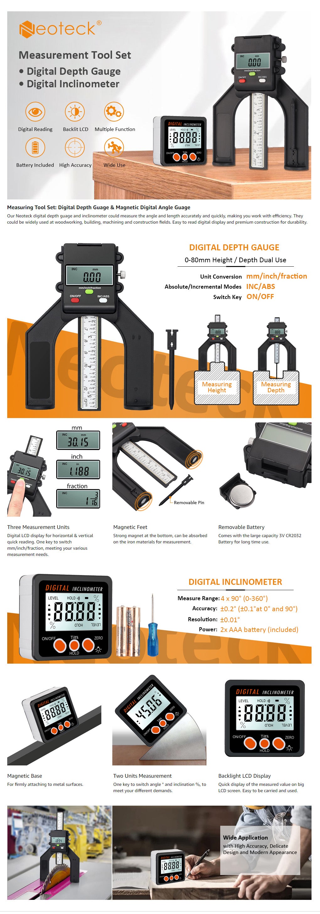 Neoteck Inclinometer and Depth Gauge Digital Measurement Tool Set