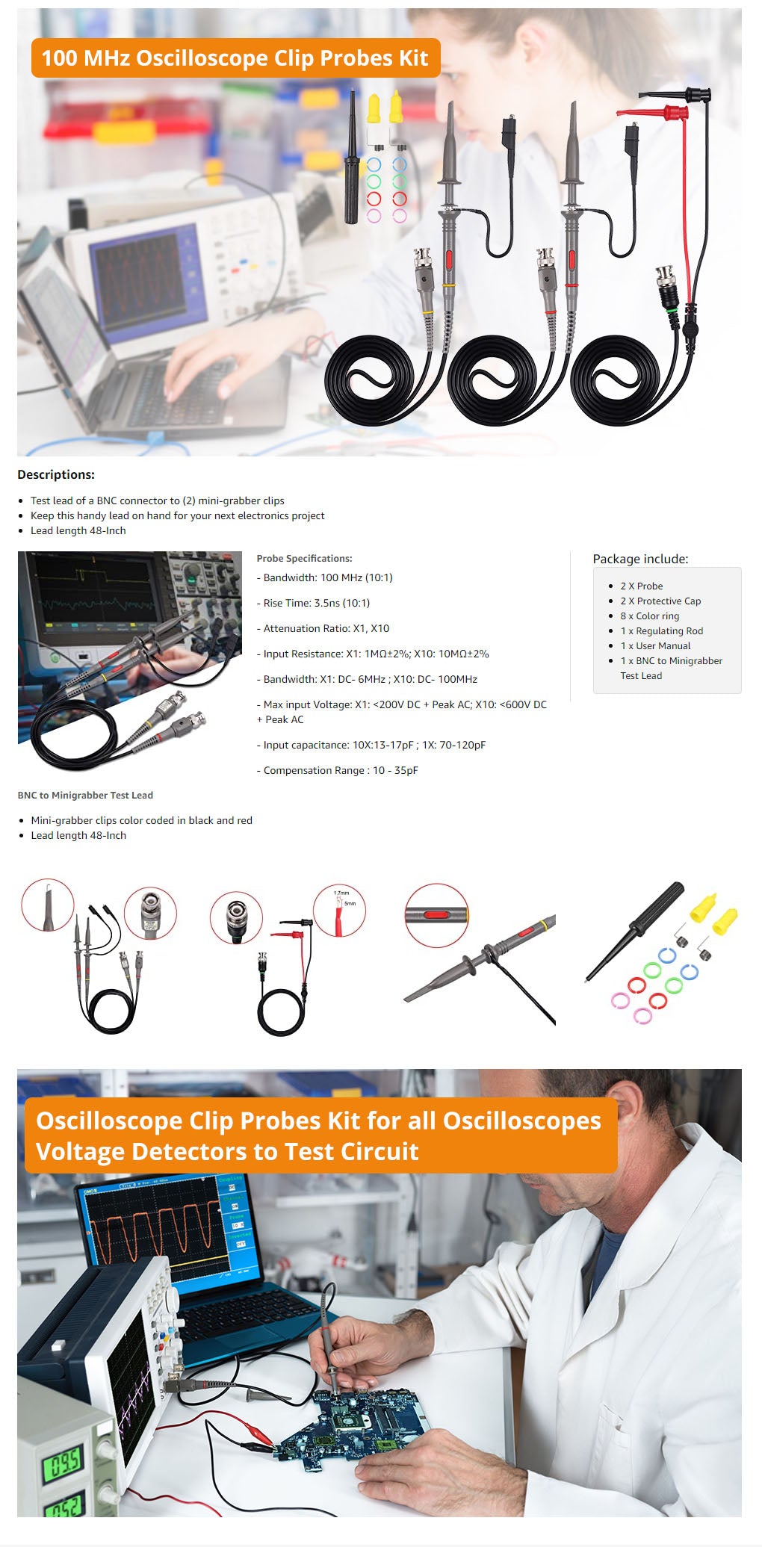 Neoteck P6100 Oscilloscope Probe Kit 100MHz Oscilloscope Clip Probes with BNC to Minigrabber Test Lead Kit