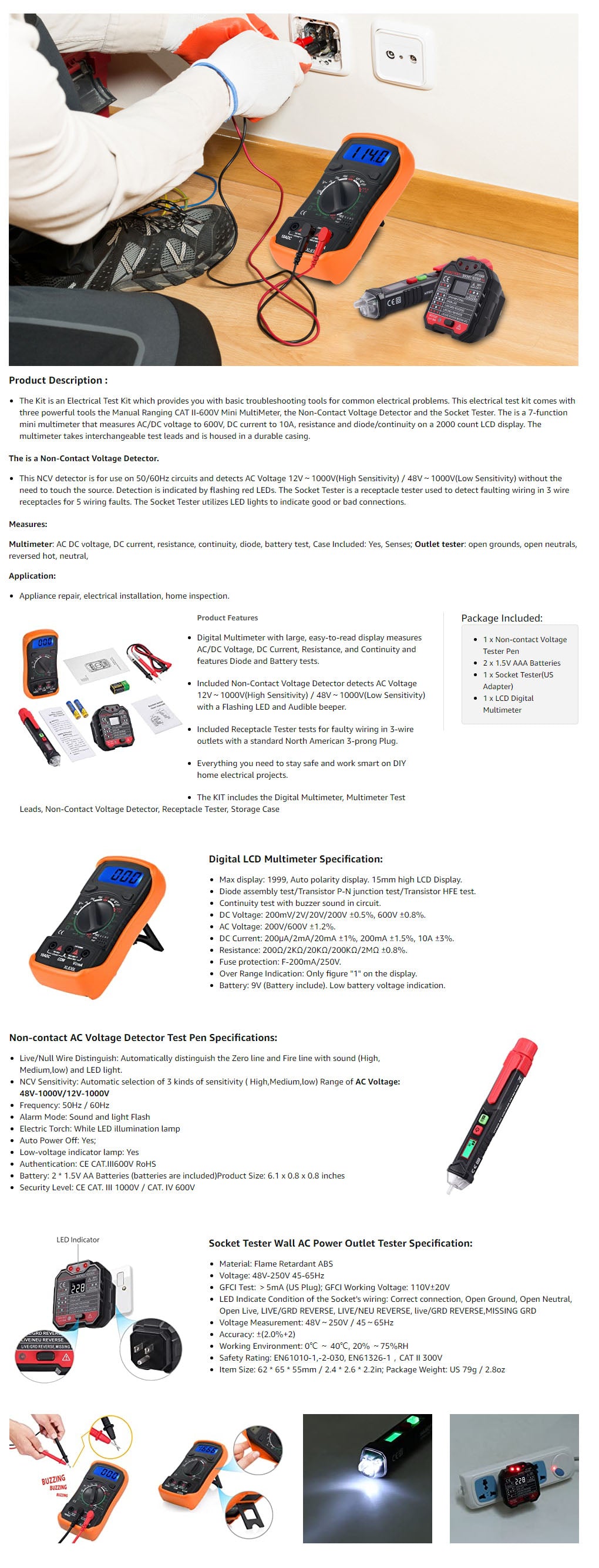Neoteck Voltage Test Kit Digital Multimeter Non-Contact Voltage Tester Pen and Socket Tester Outlet Tester Electrical Test Kit Voltage Detector with LED Flashlight