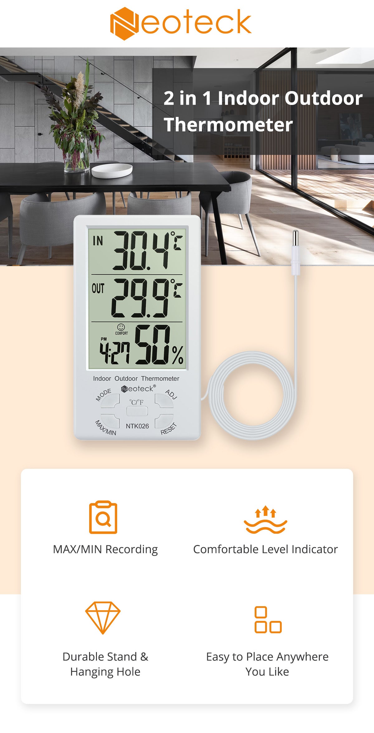 Neoteck 2 in 1 Indoor Outdoor Thermometer Digital LCD Thermometer Hygrometer with 1.5m Sensor Wire