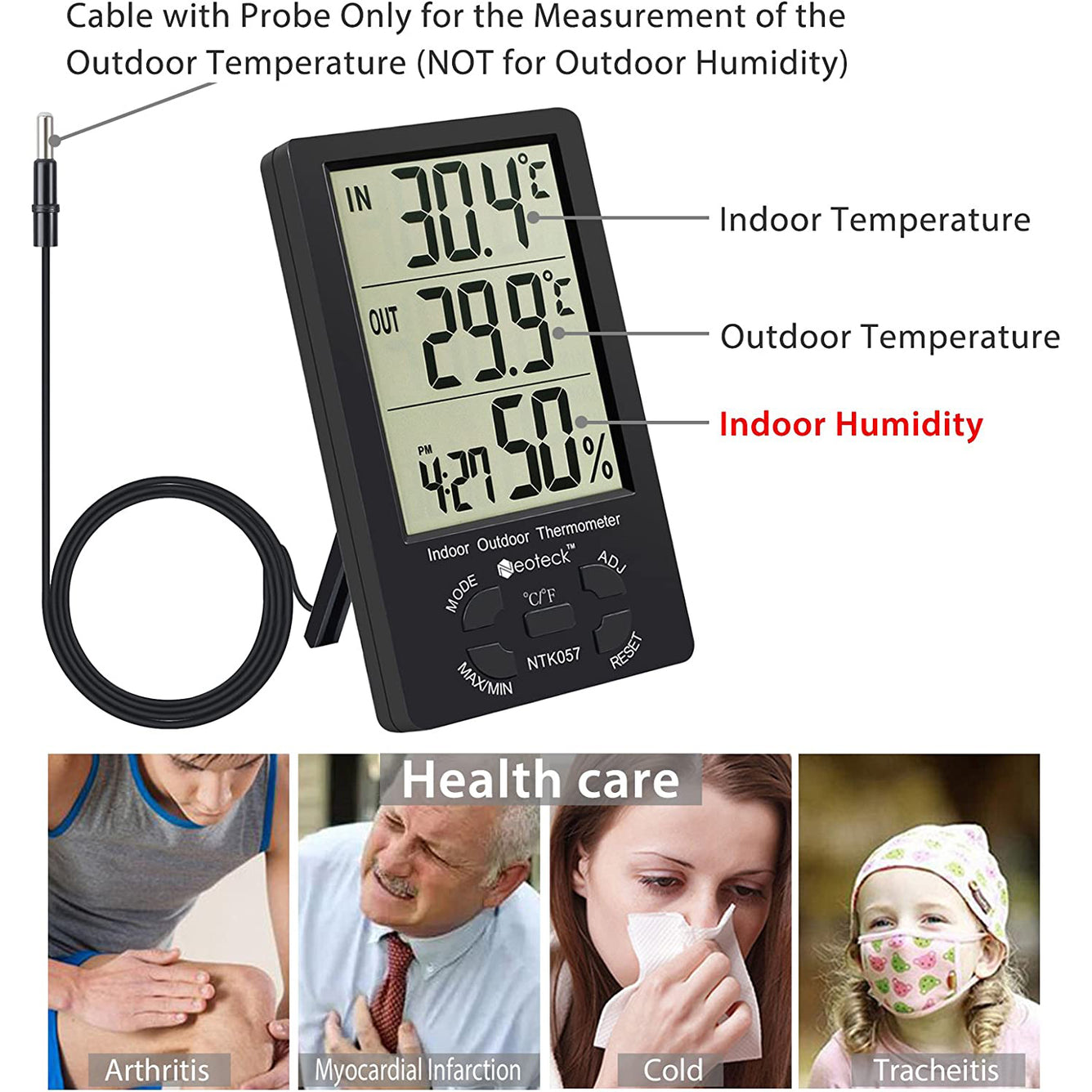 Neoteck 2 in 1 Indoor Outdoor Thermometer Digital LCD Thermometer Hygrometer with 1.5m Sensor Wire Black