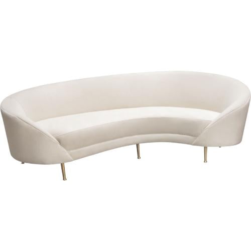 Celine Curved Sofa with Contoured Back in Light Cream Velvet and Gold Metal Legs