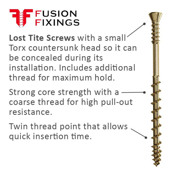 Lost Tite Screws information image illustrating the key features of this wood screw from Fusion Fixings