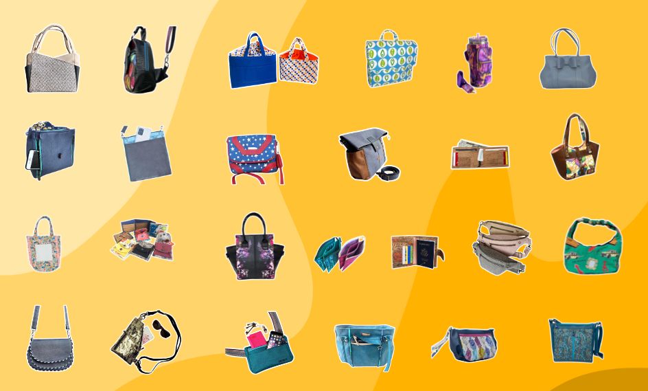 A collection of various bags and pouches on a yellow background.