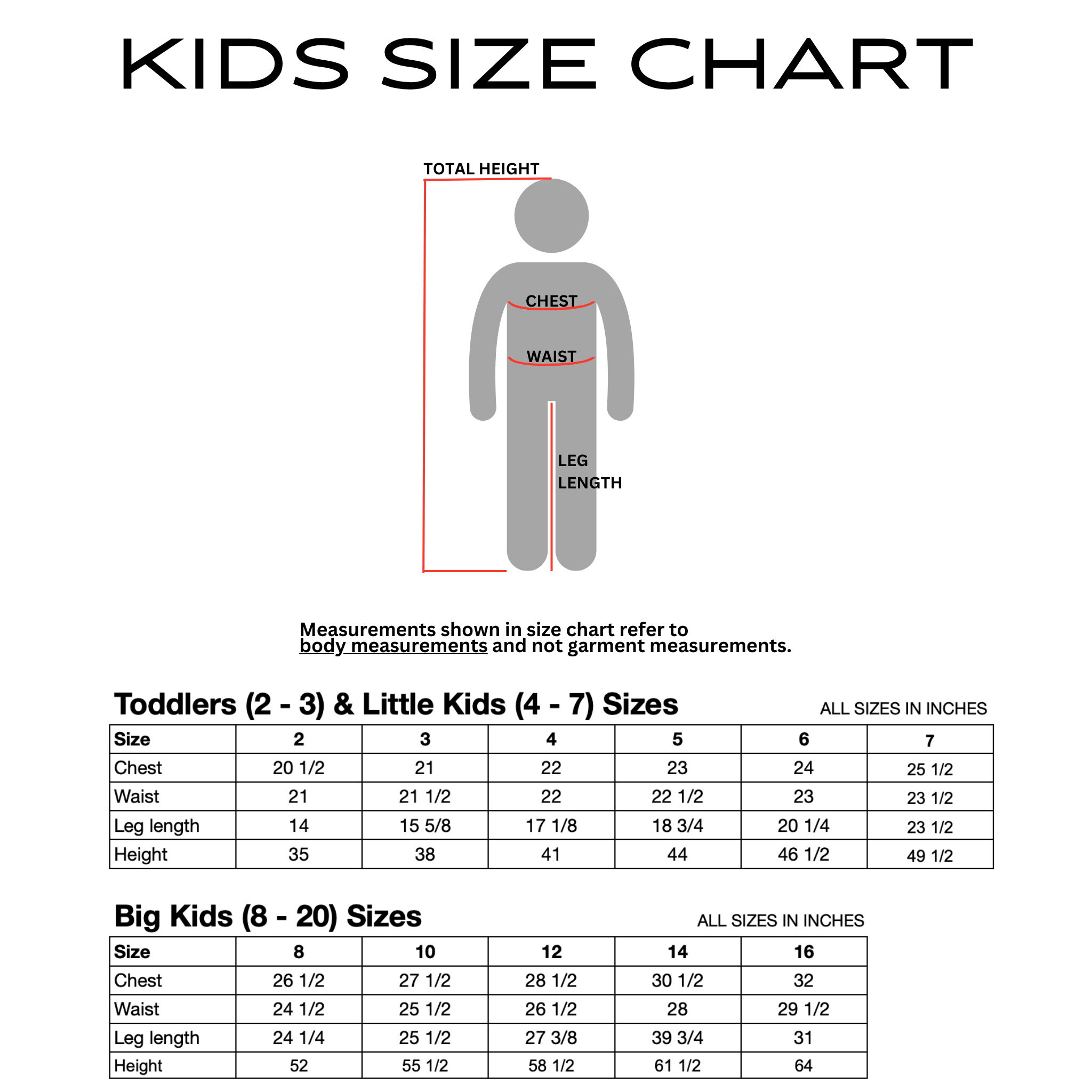 kids size chart