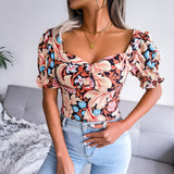 Baroque Floral Puff Sleeve Sweetheart Neck Blouse - Orange - for women