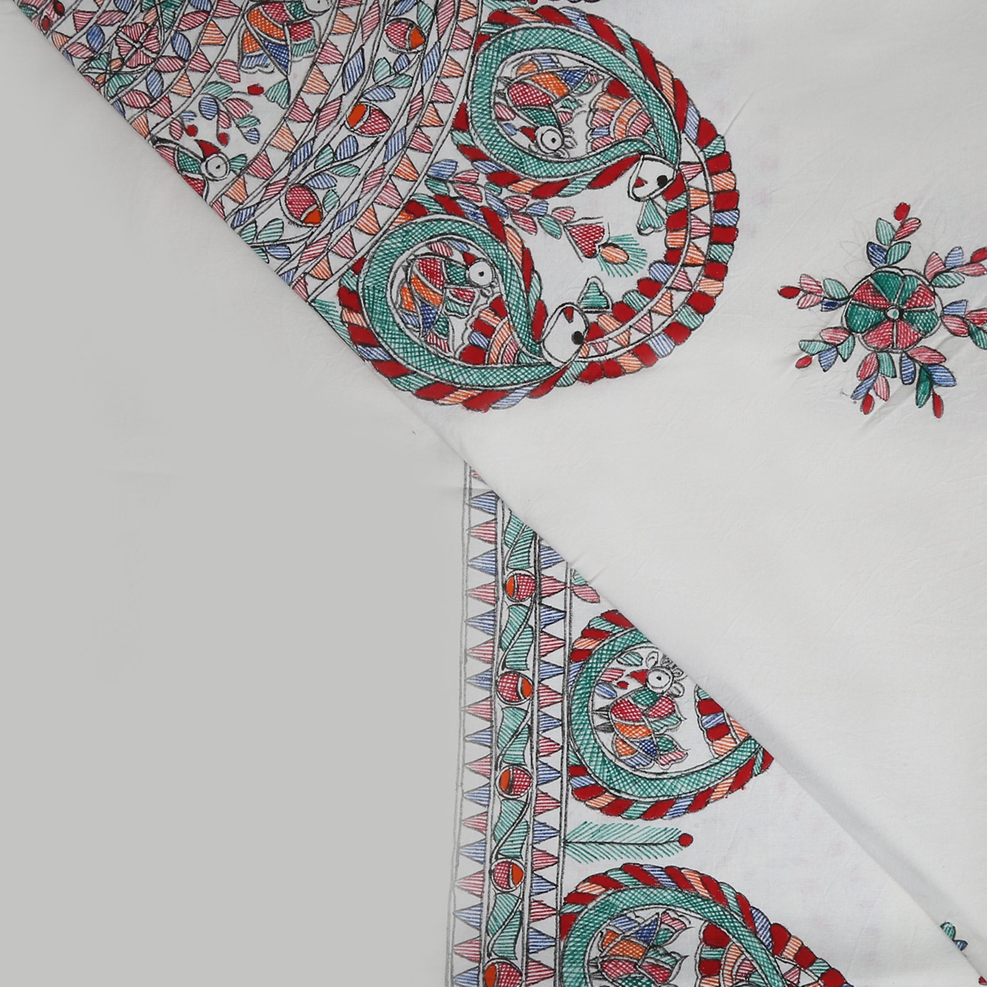 Placid Snow White Madhubani Queen Size Bedsheet