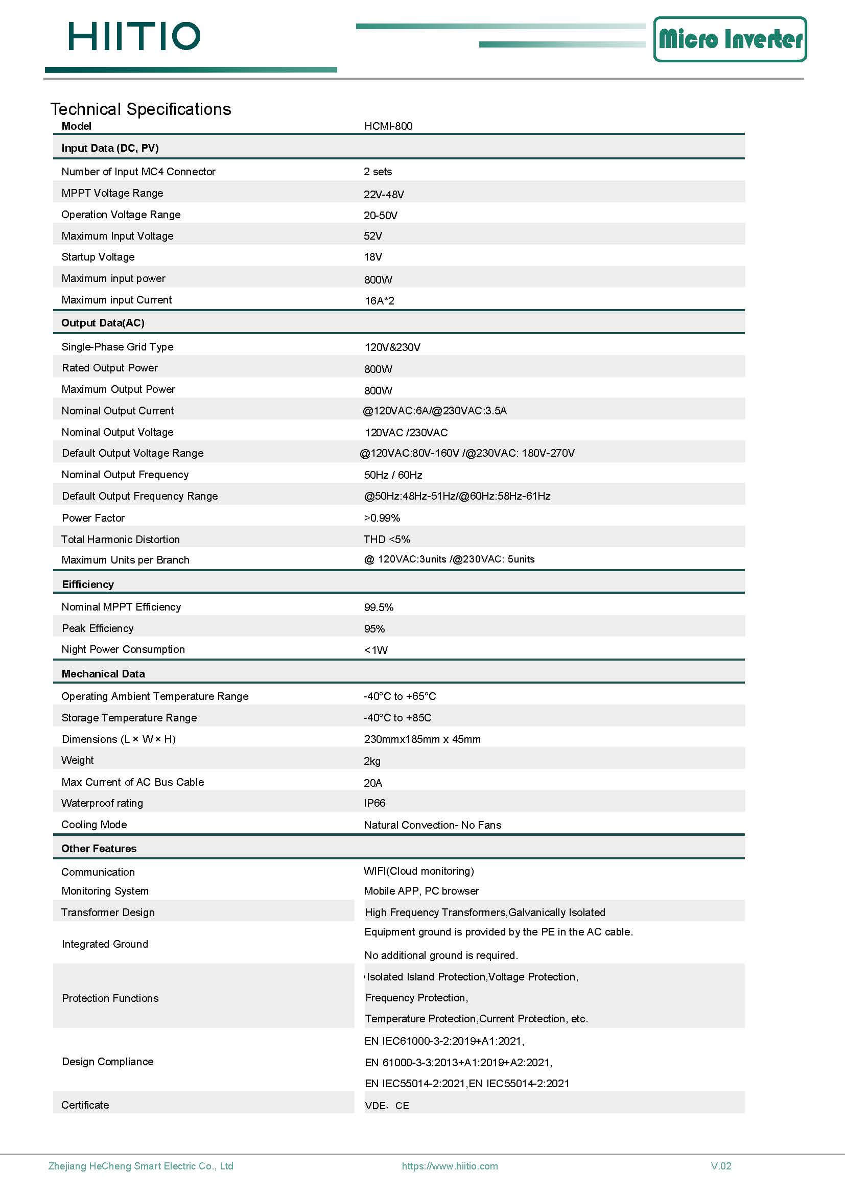 HIITIO HCMI-800 800W Netzgekoppelter Mikrowechselrichter Intelligente