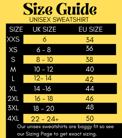 Unisex sweatshirt size guide 