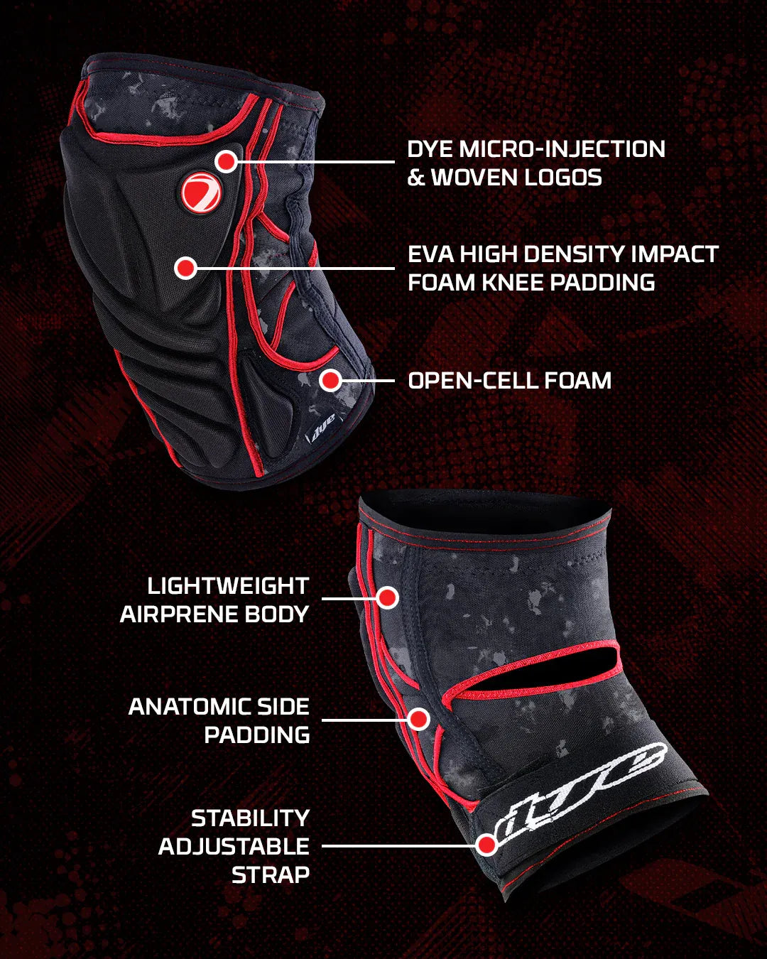 DYE Core Knee Pads - Dyecam Black_Red - Time 2 Paintball