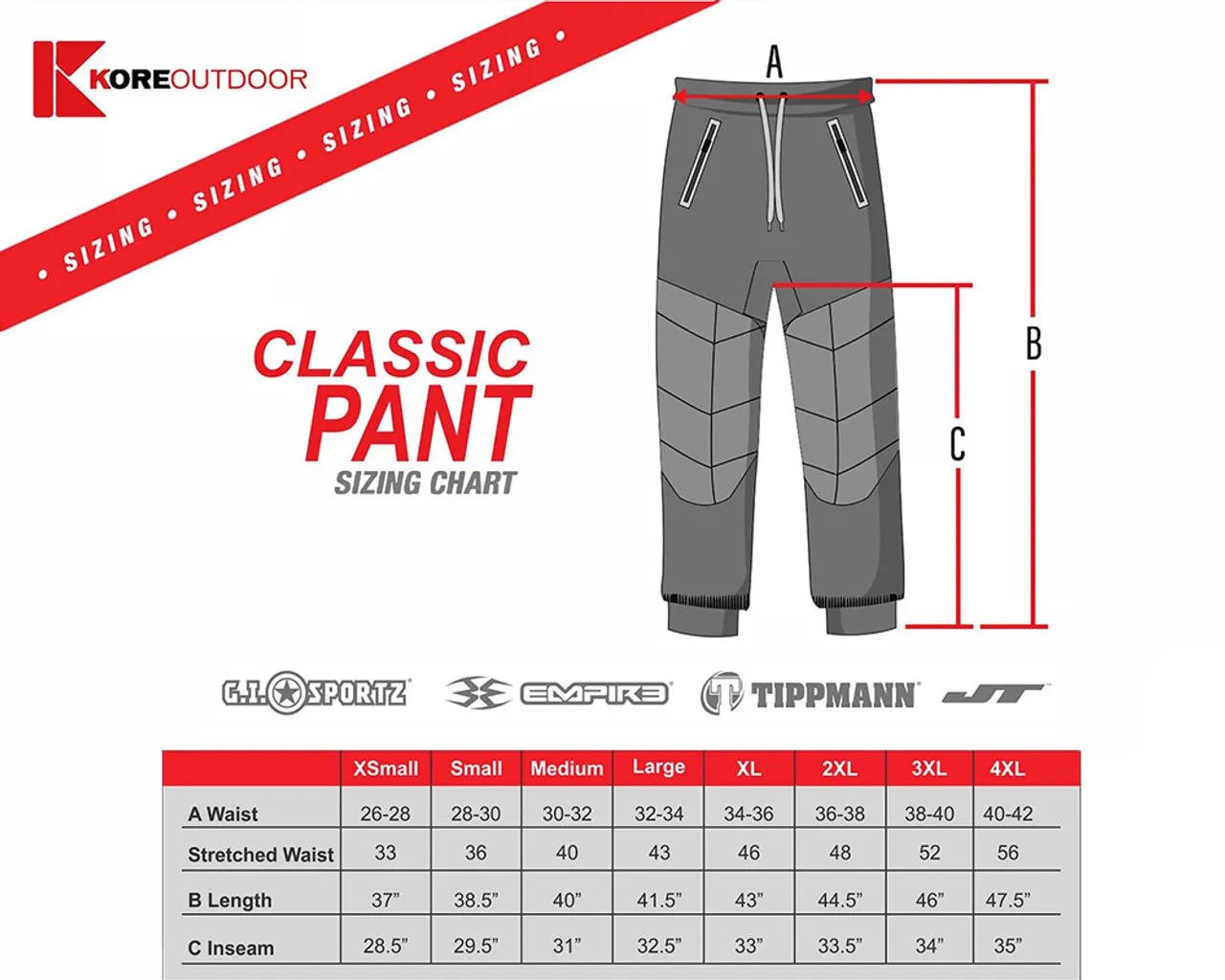 JT Classic Paintball Pants Sizing Chart - Time 2 Paintball