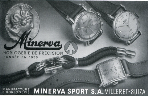 Swiss magazine advertisement from the year 1947 for Minerva Watch Company, Minerva Sport S.A., Villeret, Switzerland (Villeret, Suiza)