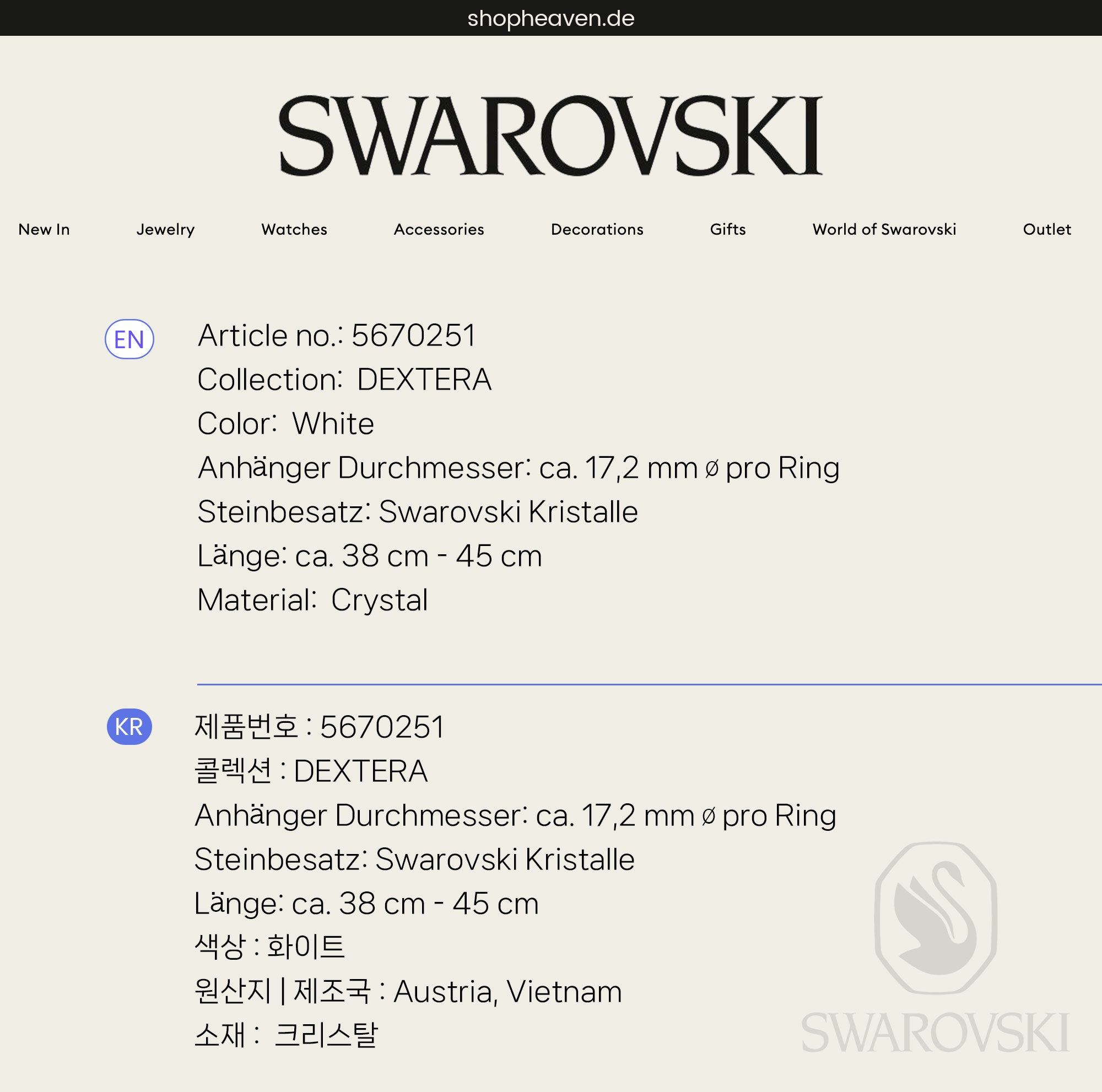 Swarovski 5670251 Dextera Necklace, White, Rhodium plating