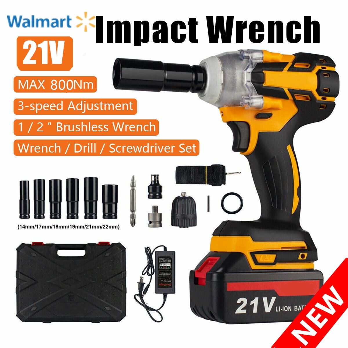21V Cordless Impact Wrench 1/2", 800Nm Brushless High Torque Impact Drill Driver Kit with LED Light