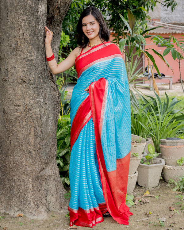 Blue Hand Woven Cotton Silk Printed Saree - Piyari Fashion - 4099960