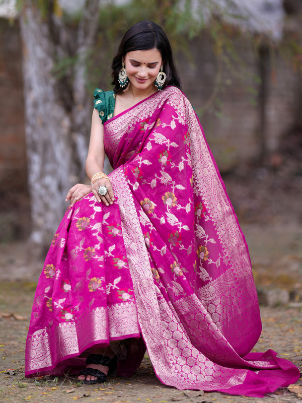 Red, blue and green shibori shaded jute silk saree with gold shimmer b