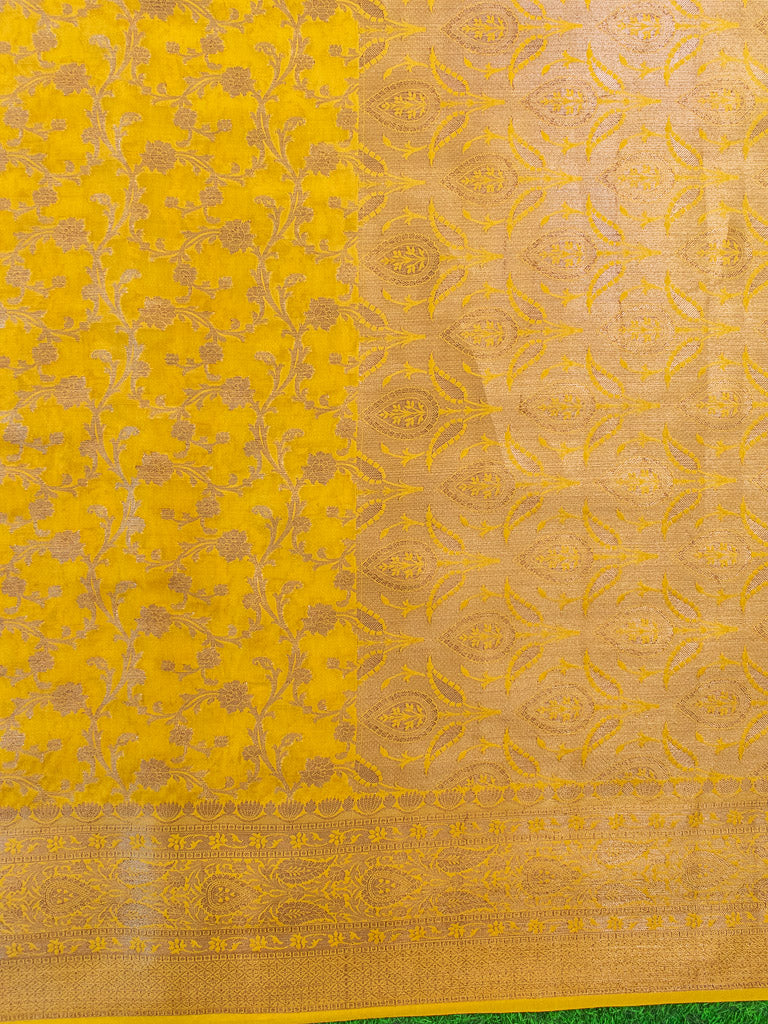 Banarasi Semi Silk Saree Antique Zari Jaal Weaving Saree-Yellow