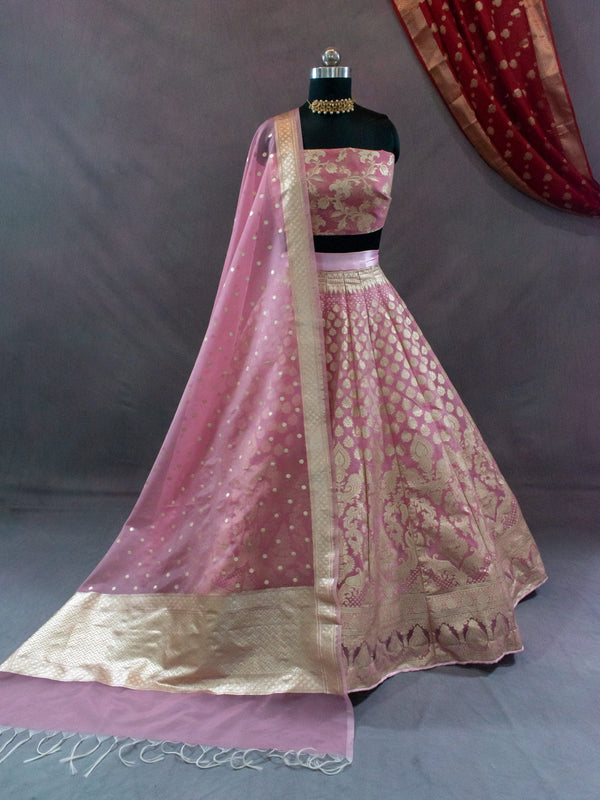 Peach banaras-style intricate & unique design zari jacquard organza material  unstitched lehenga set