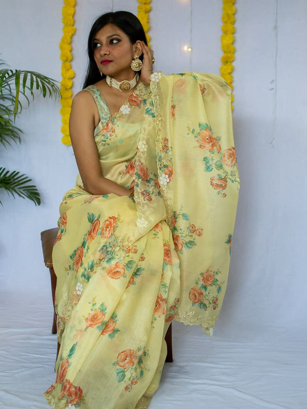 Sttylme - Miracle Floral Organza Saree - Yellow at Rs 4500.00 | Organza  Saree | ID: 2850425778212