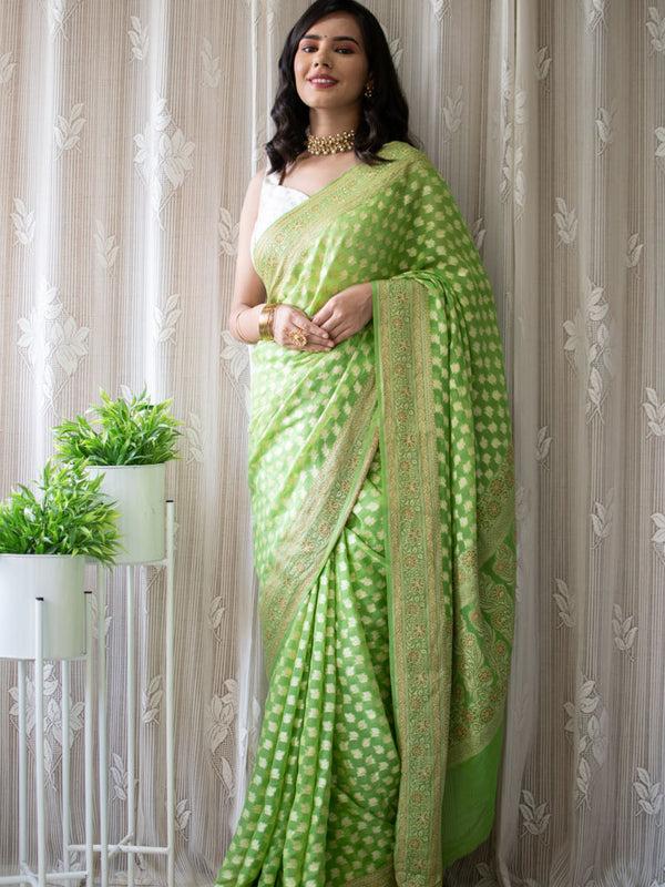 Shop Light Grey Banarasi Georgette Sari Online in USA with Zari Work – Pure  Elegance