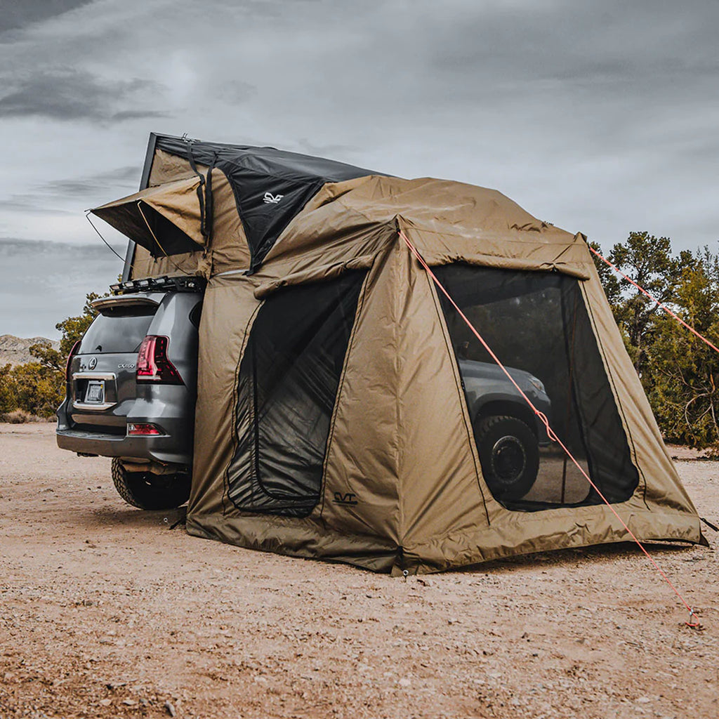 A CVT car tent opened up and ready for camping