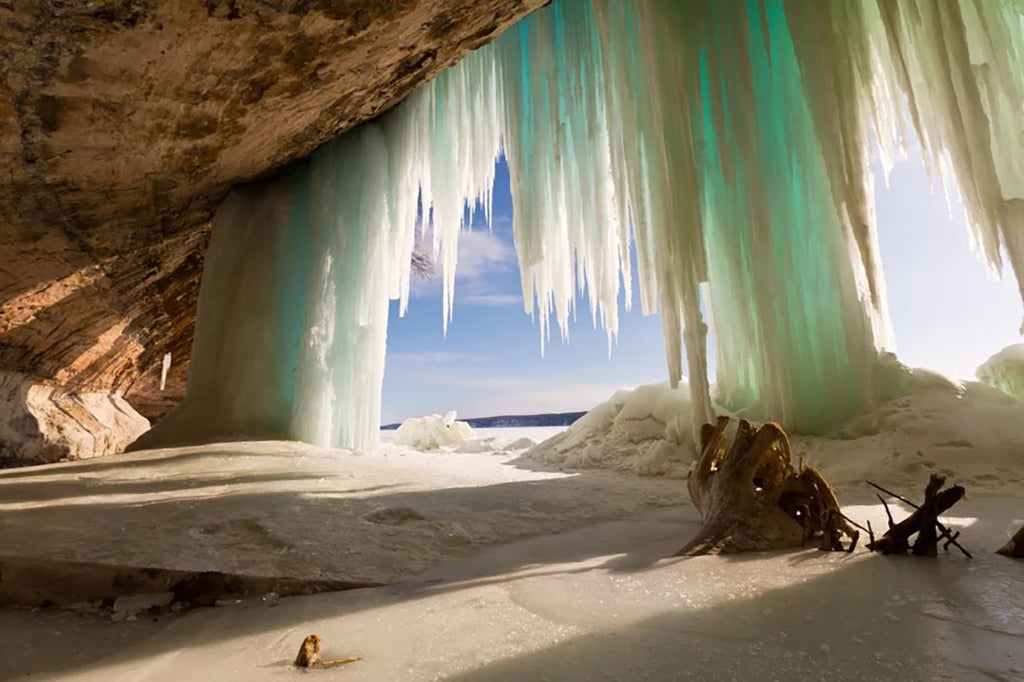 Ice formed at the entrance of a cave at Grand Island