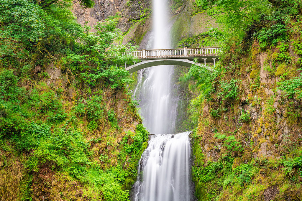 A bridge crosses over Multnomah Falls