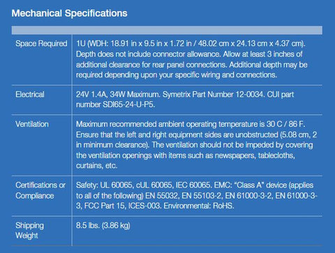 Symetrix Solus NX 8x8 Mechanical Specifications